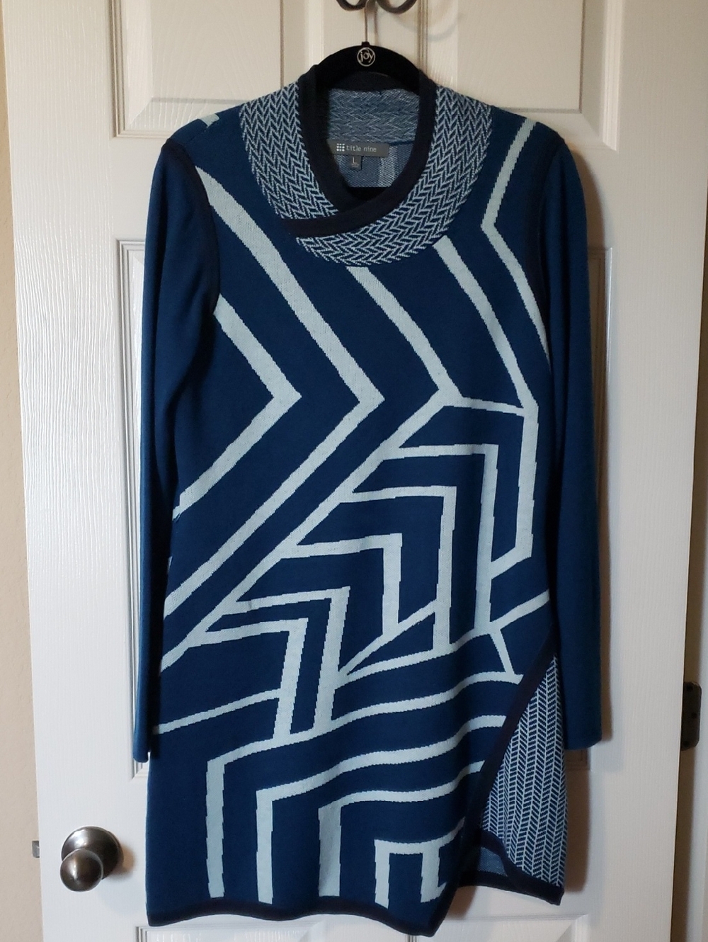Title Nine Blue Geometric Knit Tunic Sweater.